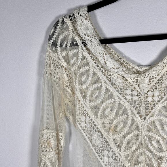 Antique Edwardian Net Lace Blouse Floral Embroidery Crochet Silk Cotton 1900s - Picture 11 of 16